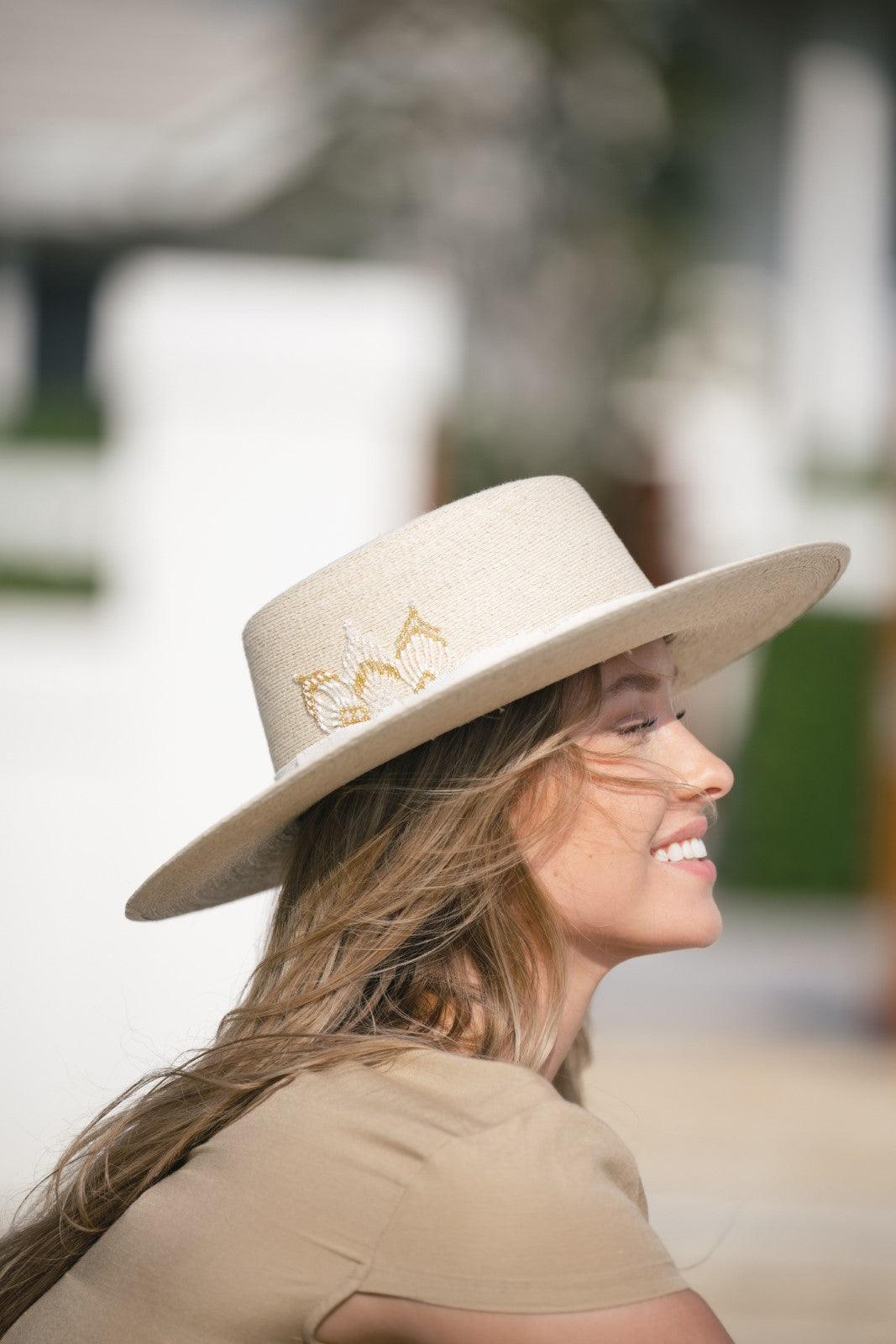 Straw Flat Brim Hat with Crown Detail - Casa Nana